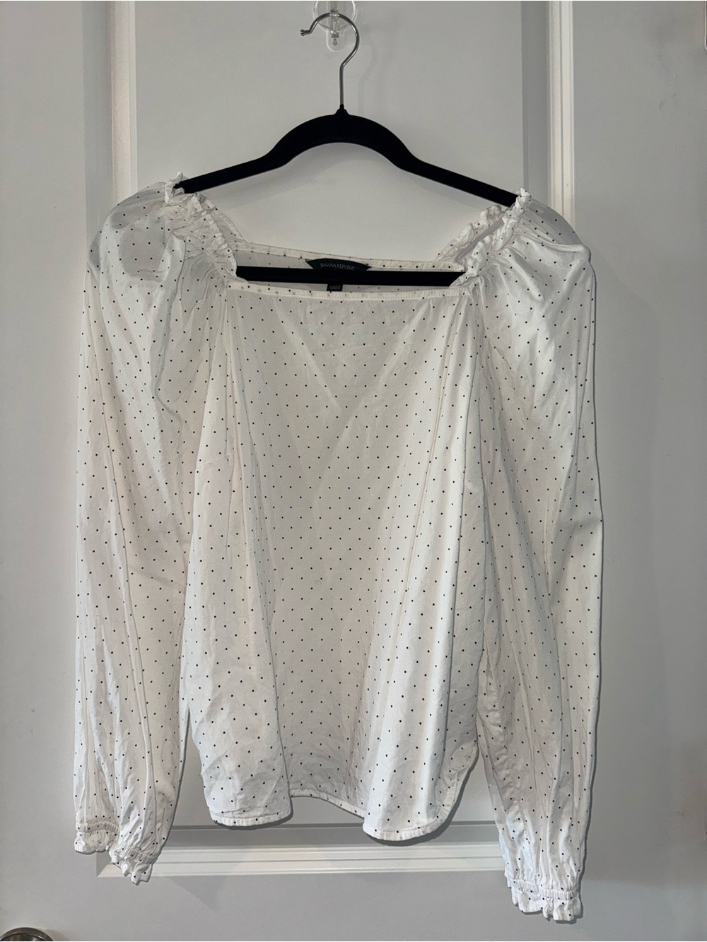 Banana Republic White Polka Dot Square-Neck Long Sleeve Blouse